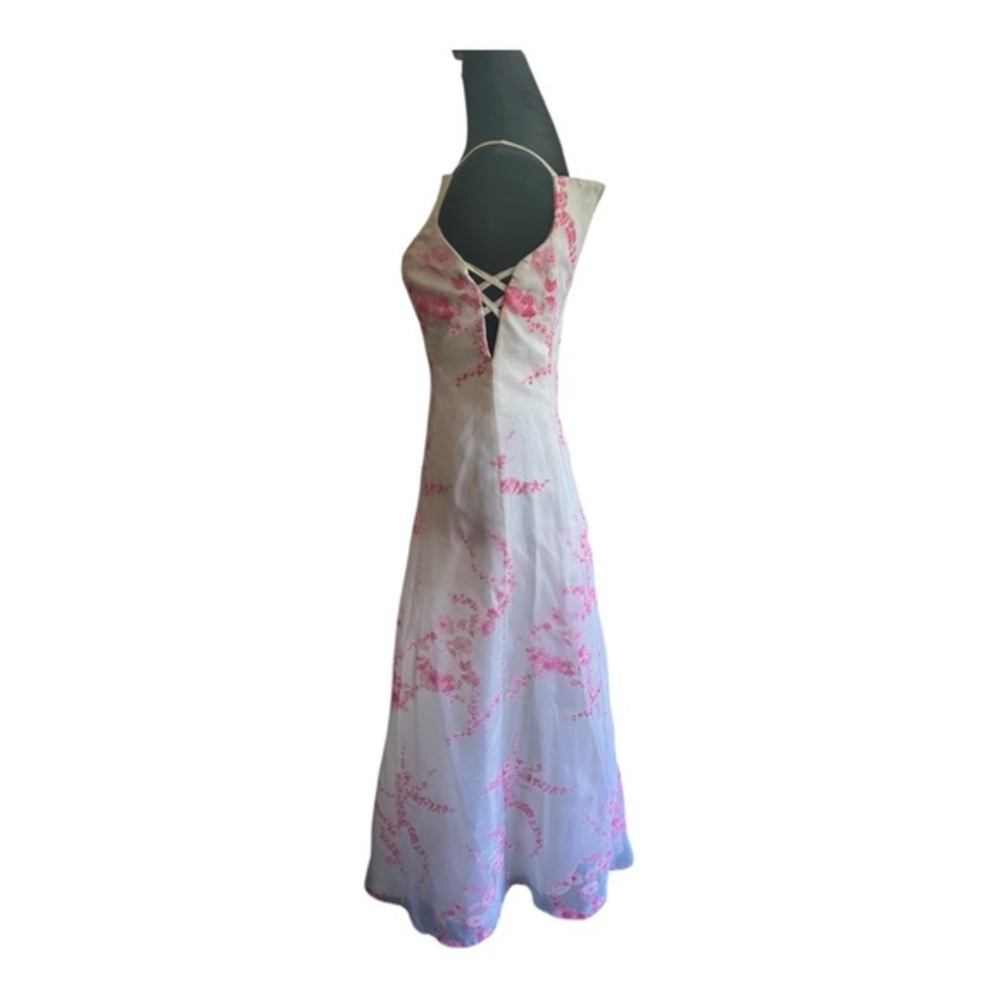VTG 90s USA Organza Formal A line Dress in White with pink flower print SZ 3/4 - Picture 4 of 9